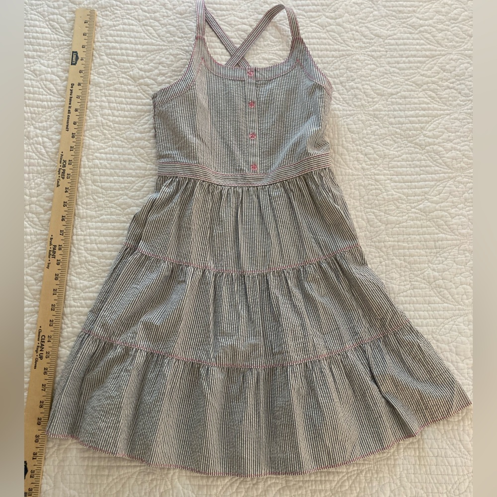 Blue and White Seersucker Tiered Sundress with Pink Accents, Girls L 10/12